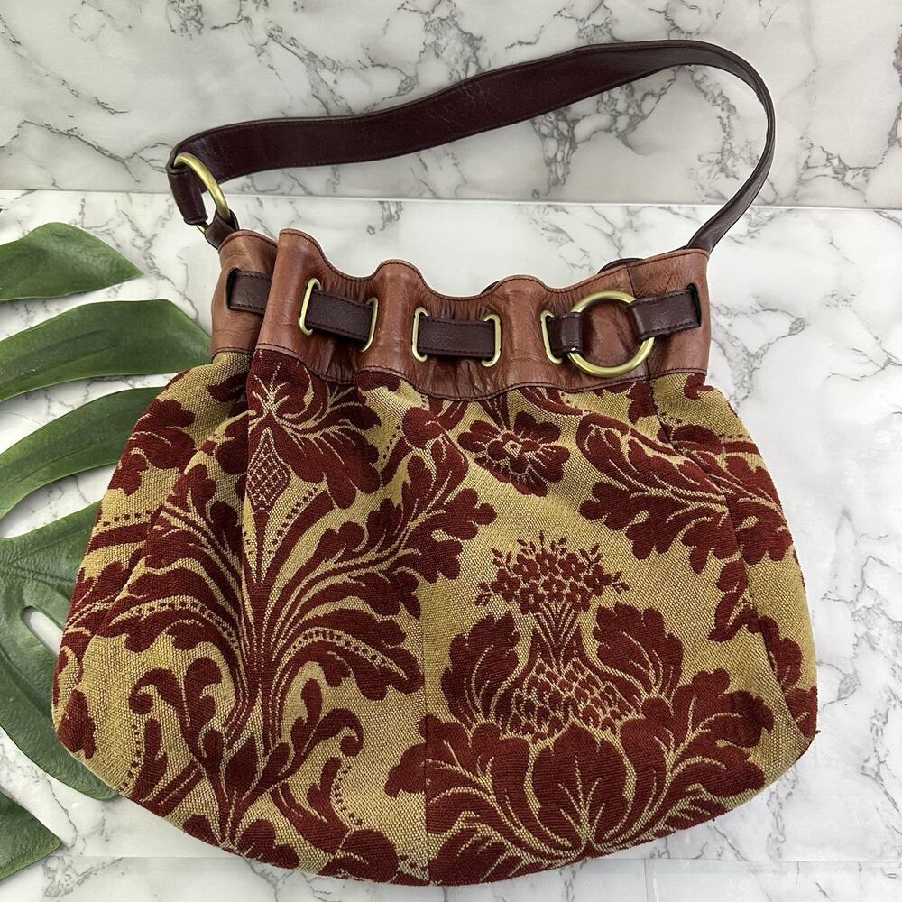 Auriella Tapestry Shoulder Bag Purse Burgundy Red Tan Leather Floral Boho